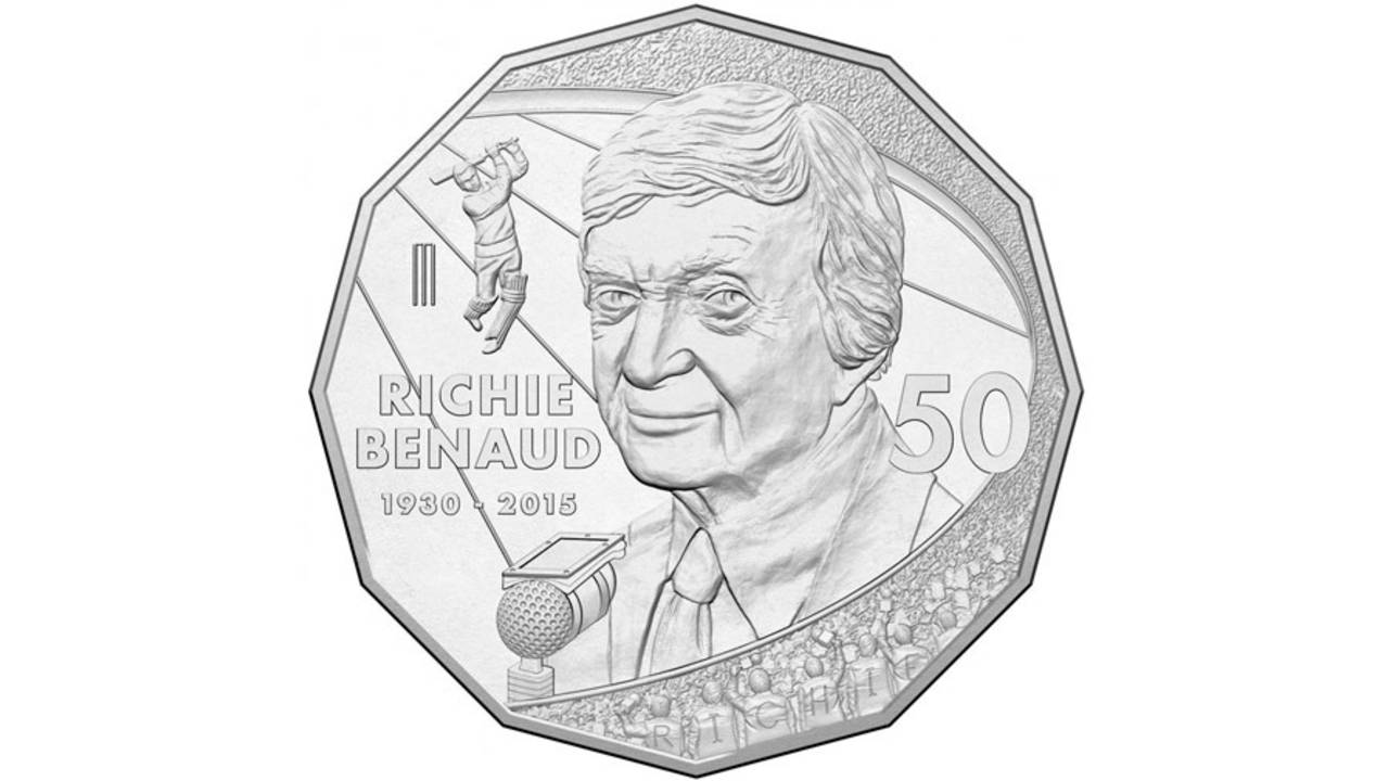The new limited-edition Richie Benaud 50-cent coin which was used at the toss, Australia v South Africa, 3rd Test, Adelaide, 1st day, November 24, 2016