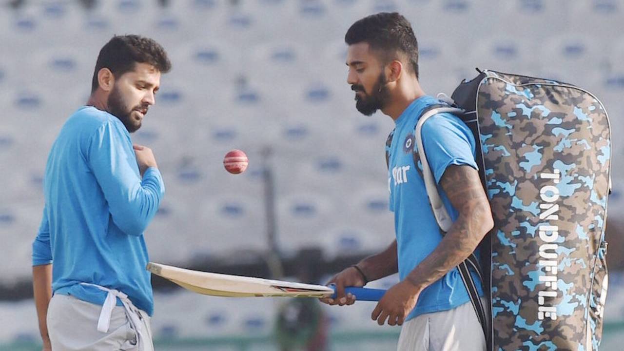 India openers M Vijay and KL Rahul have a chat while training, Mohali, November 24, 2016