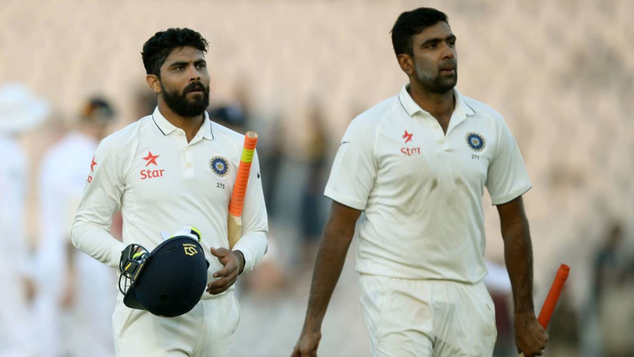 R Ashwin and Ravindra Jadeja walk back at stumps, India v England, 3rd Test, Mohali, 2nd day, November 27, 2016
