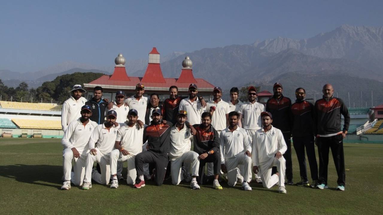 Madhya Pradesh's players pose against a scenic backdrop, Baroda v Madhya Pradesh, Ranji Trophy 2016-17, Dharamsala, December 2, 2016