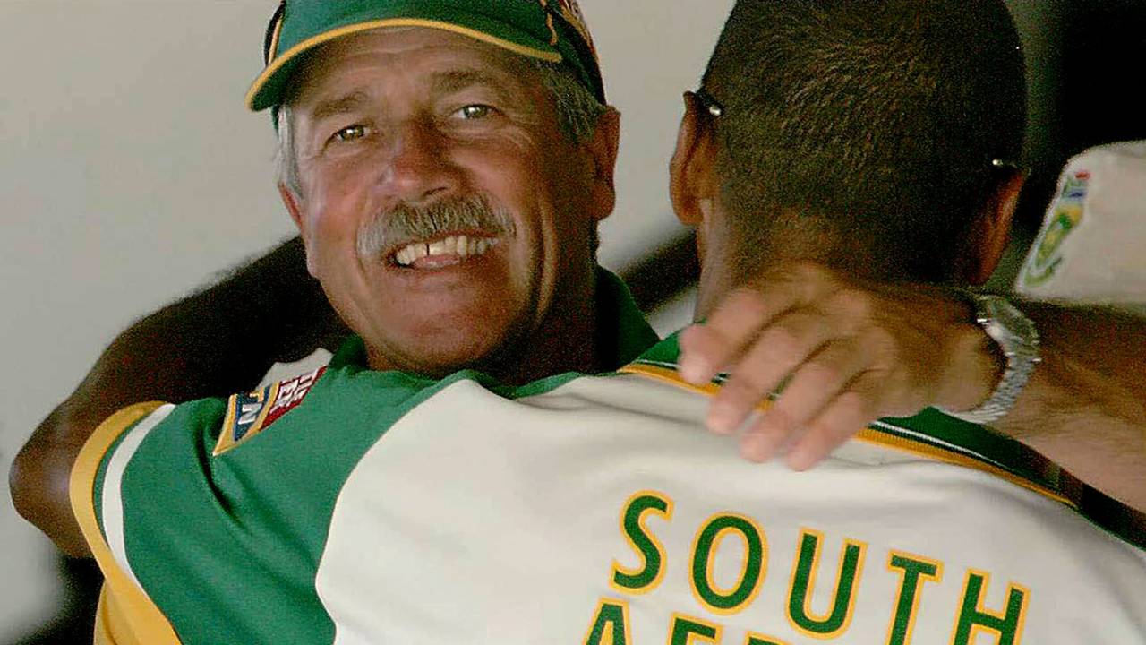 Ray Jennings celebrates South Africa's win in the dressing room