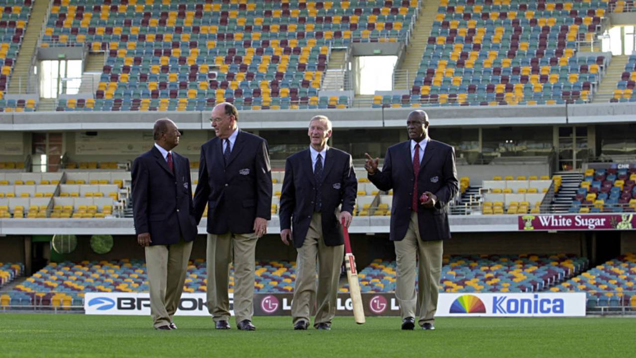 Joe Solomon, Ian Meckiff, Lindsay Kline and Wes Hall (from left) at the 40-year reunion of the participants in the first tied Test, Brisbane, November 20, 2000