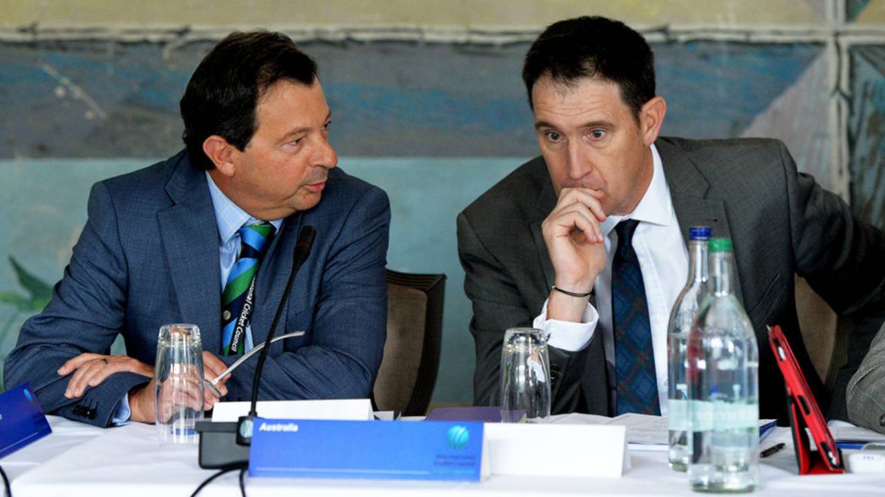 Cricket Australia chairman David Peever (left) and chief executive James Sutherland at the ICC annual conference, Edinburgh, June 30, 2016