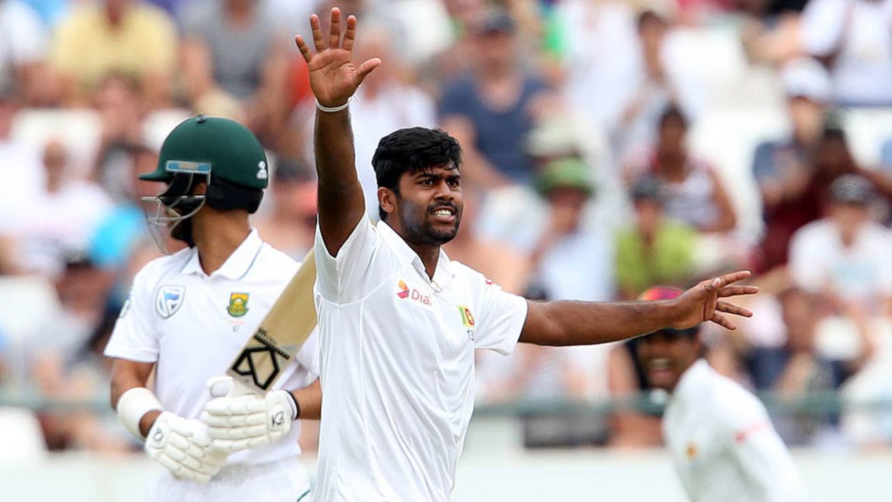 Lahiru Kumara appeals for the wicket of JP Duminy, South Africa v Sri Lanka, 2nd Test, Cape Town, January 2, 2017