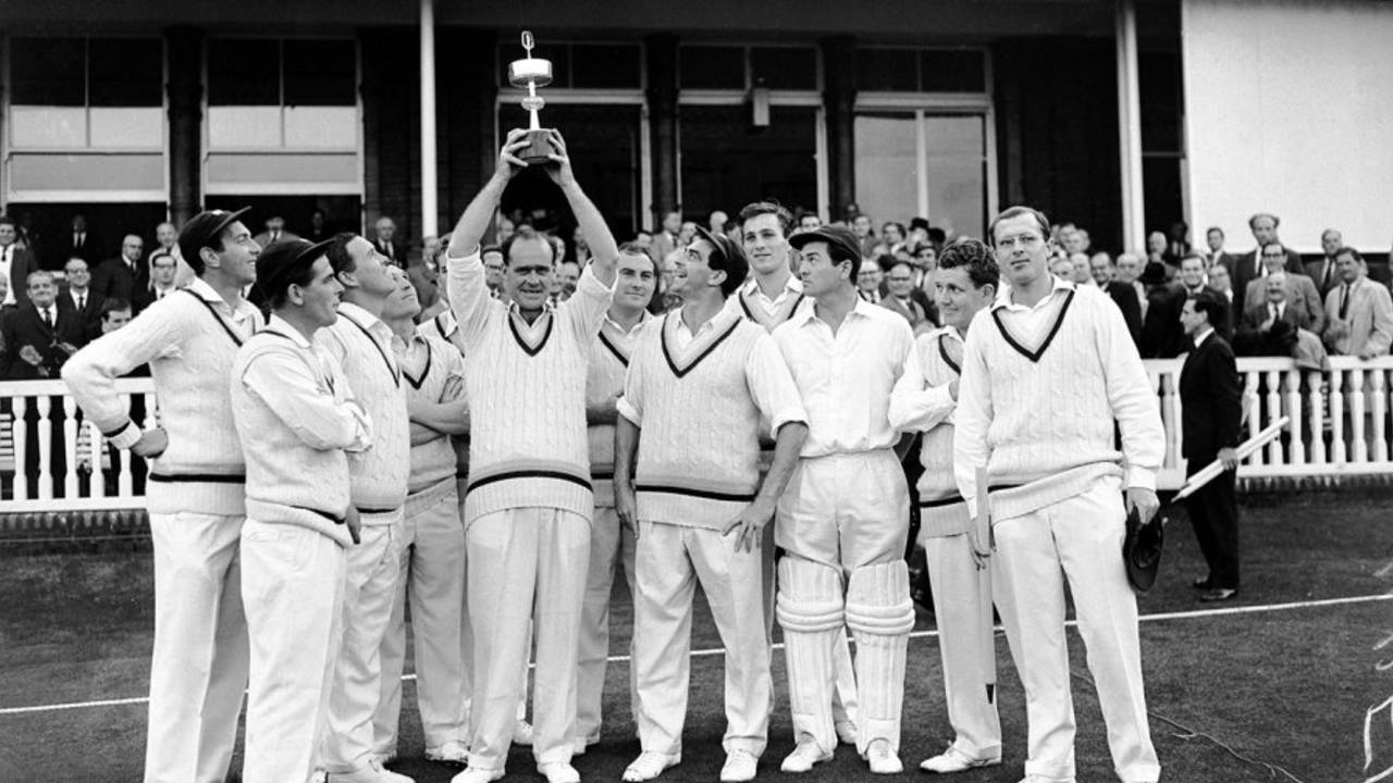 Yorkshire captain Brian Close holds the Gillette Cup aloft. From left: Don Wilson, Doug Padgett, John Hampshire, Ken Taylor, Brian Close, Ray Illingworth, Fred Trueman, Richard Hutton, Jimmy Binks, Phil Sharpe, Geoff Boycott, Surrey v Yorkshire, Lord's, September 4, 1964
