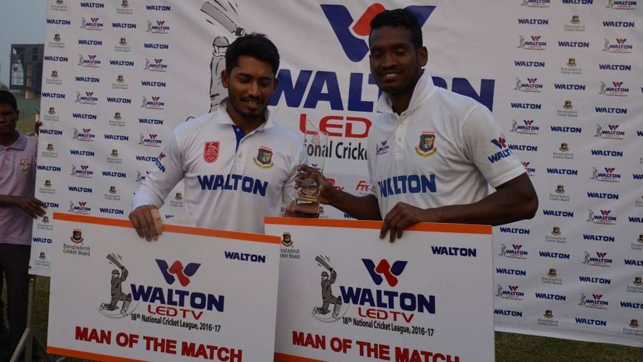 Anamul Haque and Al-Amin Hossain were joint winners of the player-of-the-match award, Khulna Division v Dhaka Metropolis, National Cricket League 2016-17, 3rd day, January 5, 2017 