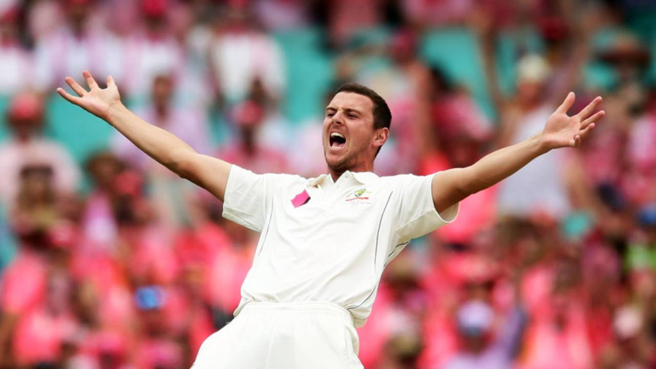 Josh Hazlewood goes up in appeal, with a finger obscured, Australia v Pakistan, 3rd Test, Sydney, 3rd day, January 5, 2017