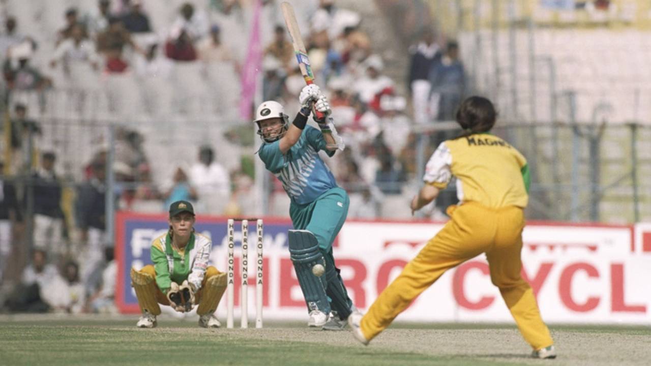 Debbie Hockley hits one straight back to the bowler, Australia v New Zealand, Women's World Cup final, Kolkata, December 29, 1997