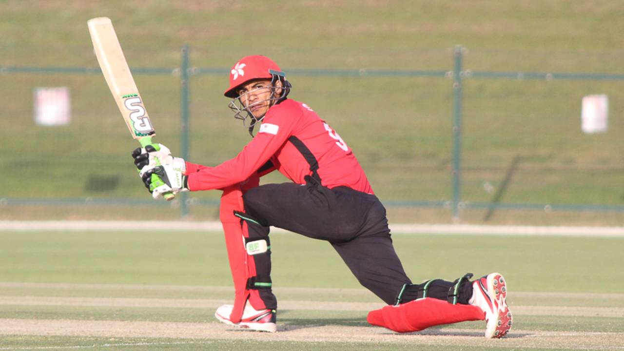 Shahid Wasif sweeps for a boundary on his way to 40 off 25 balls, Hong Kong v Scotland, Desert T20, Group B, Abu Dhabi, January 14, 2017