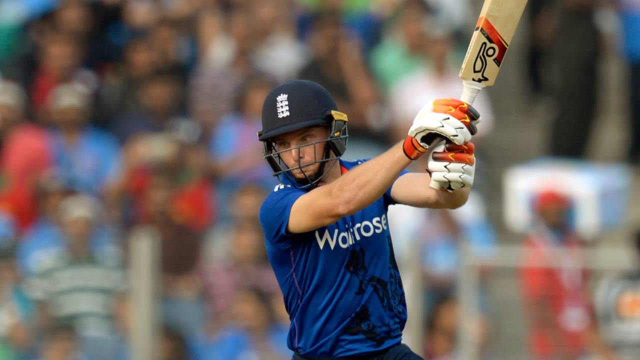 Jos Buttler makes room and creams one through the off side, India v England, 1st ODI, Pune, January 15, 2017