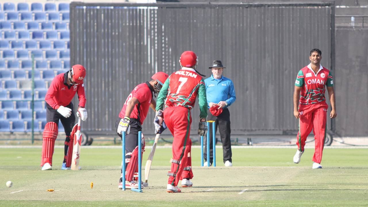 Khawar Ali's googly beats Nadeem Ahmed's forward prod for the ninth wicket, Hong Kong v Oman, Desert T20, Group B, Abu Dhabi, January 16, 2017