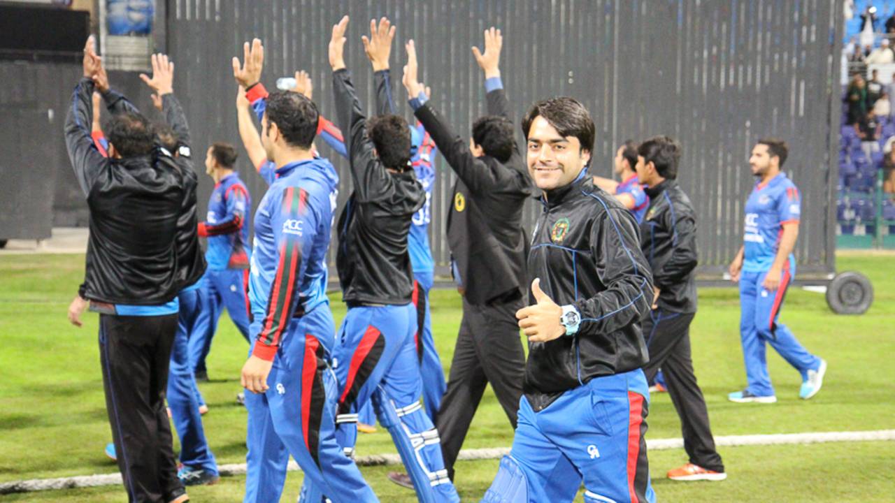 Rashid Khan gives a thumbs up after another win, UAE v Afghanistan, Desert T20, Group A, Abu Dhabi, January 16, 2017