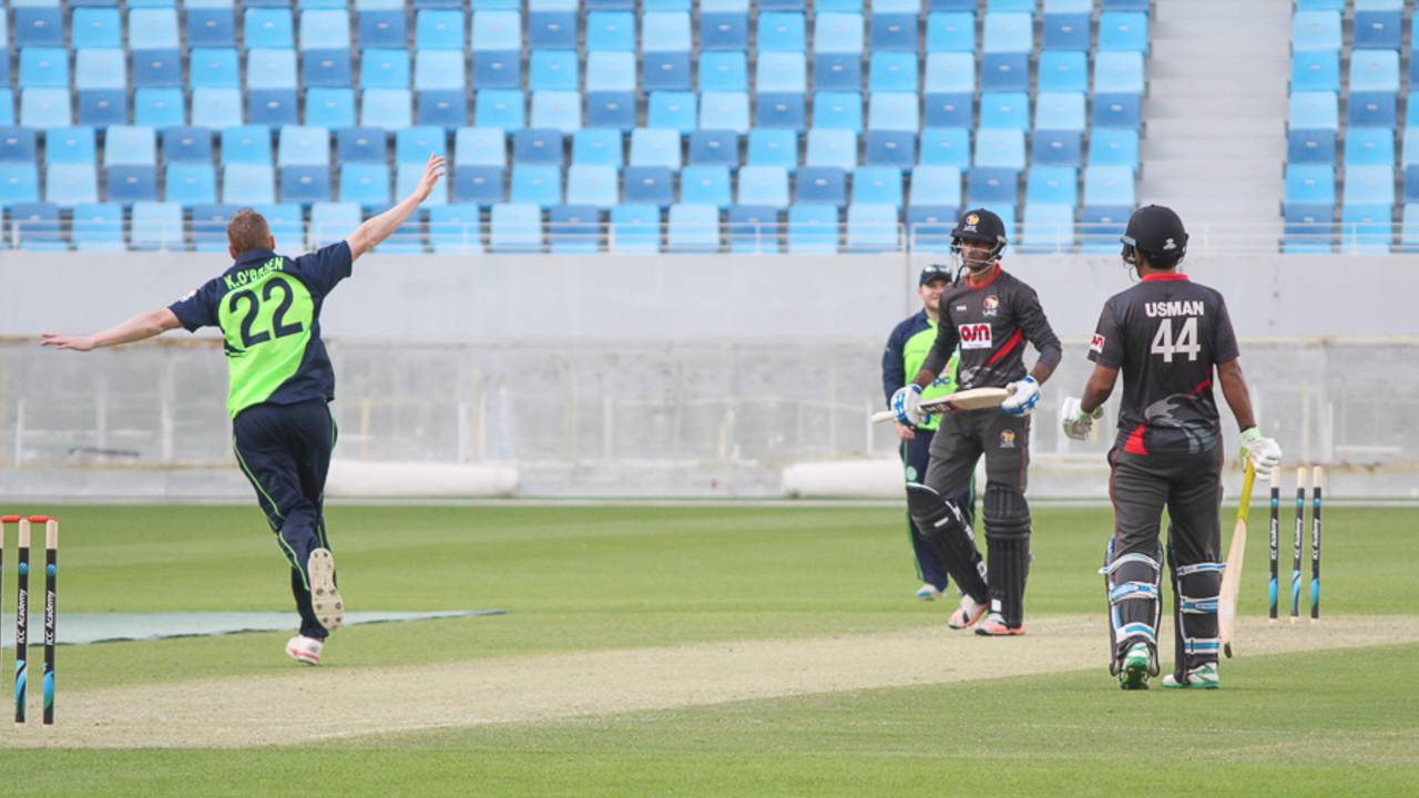 Kevin O'Brien flies away after bowling Mohammad Shahzad, UAE v Ireland, Desert T20, Group A, Dubai, January 18, 2017