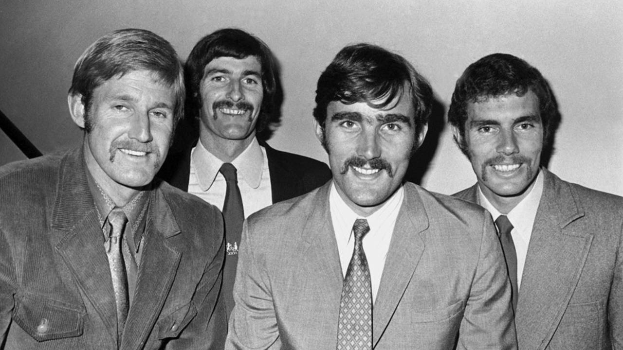 Members of the Australian team on the 1972 tour of England: from left, Ross Edwards, Dennis Lillee, Paul Sheahan and Greg Chappell