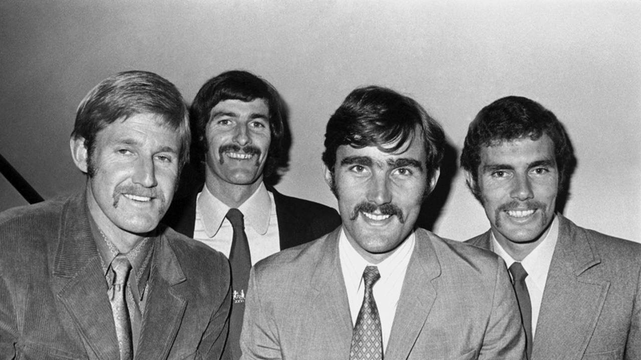 Members of the Australian team on the 1972 tour of England: from left, Ross Edwards, Dennis Lillee, Paul Sheahan and Greg Chappell