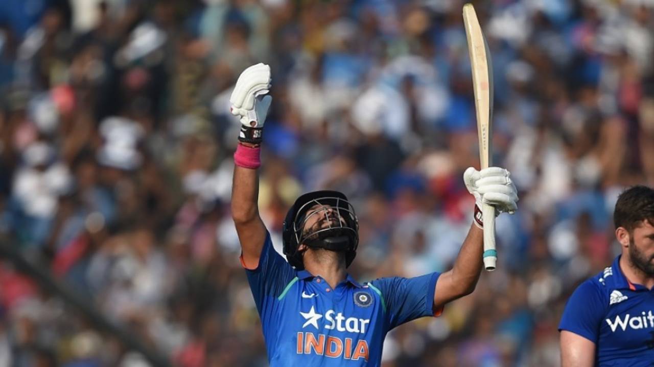 Yuvraj Singh looks up at the skies after reaching his hundred, India v England, 2nd ODI, Cuttack, January 19, 2017