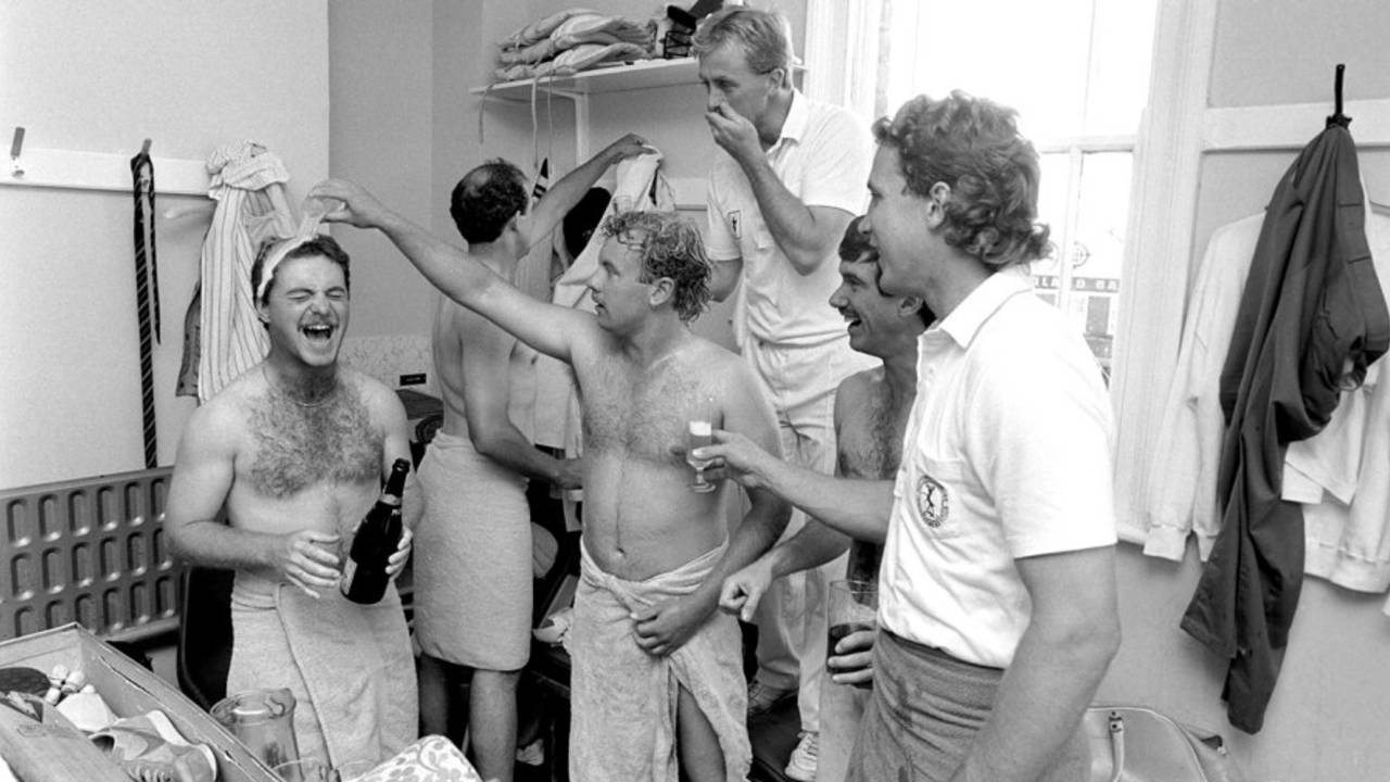 (From left) Paul Johnson, Kevin Saxelby, Andy Pick, John Birch, Bruce French and Chris Broad celebrate Nottinghamshire's Championship win, Trent Bridge, September 14, 1987