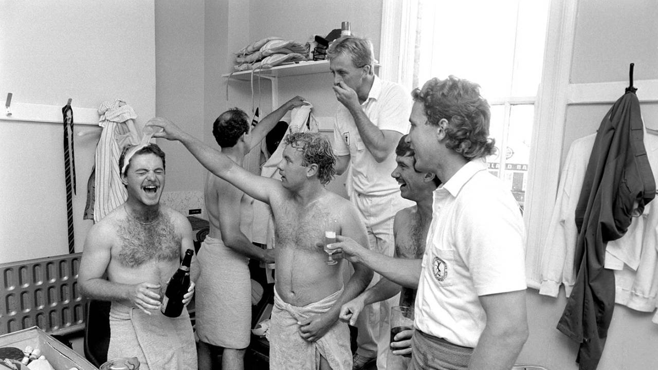 (From left) Paul Johnson, Kevin Saxelby, Andy Pick, John Birch, Bruce French and Chris Broad celebrate Nottinghamshire's Championship win