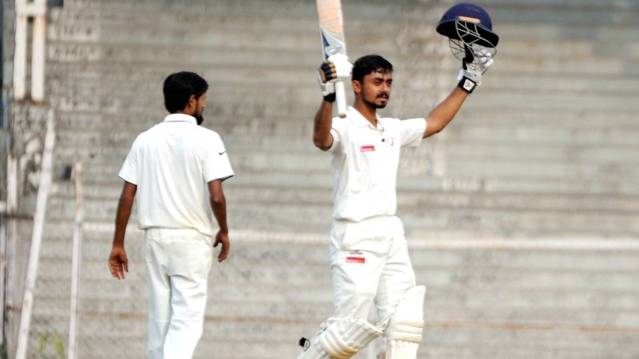 Chirag Gandhi celebrates his maiden first-class ton, Rest of India v Gujarat, Irani Cup 2017, Mumbai, 1st day, January 20, 2017