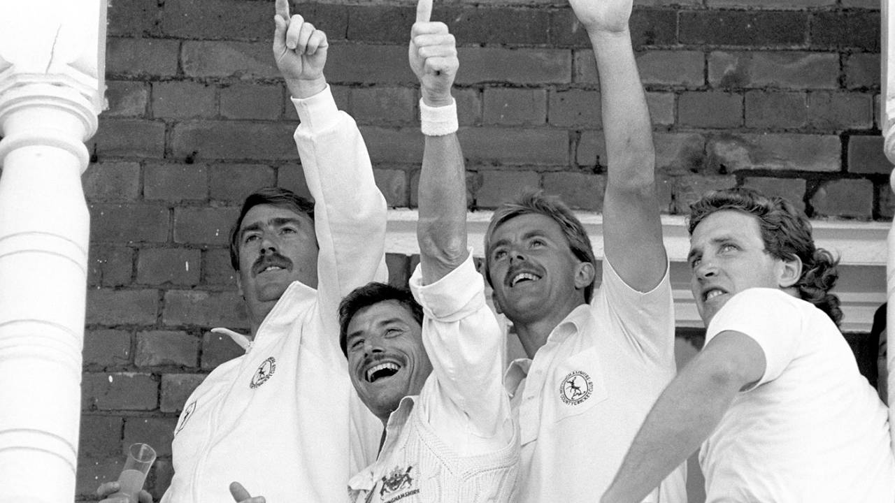 (From left) Eddie Hemmings, Richard Hadlee, John Birch and Chris Broad celebrate celebrate Nottinghamshire's Championship win, Trent Bridge, September 14, 1987