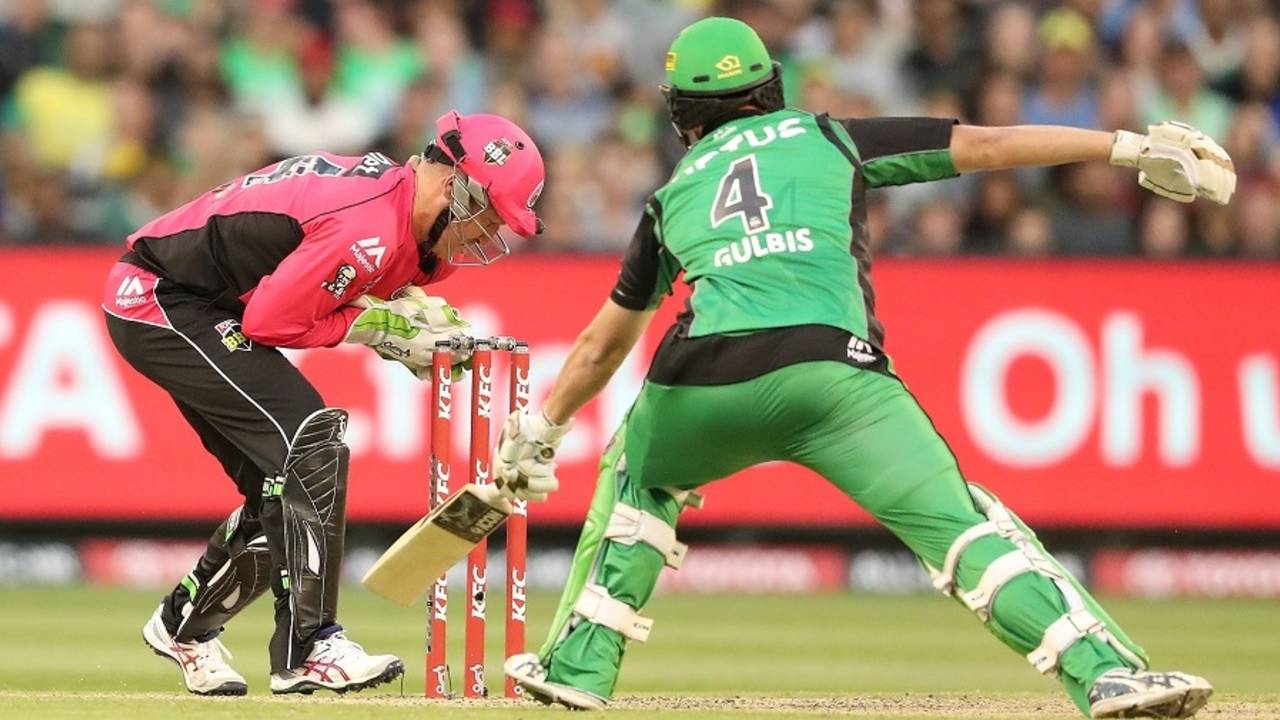 Evan Gulbis is stumped by Brad Haddin, Melbourne Stars v Sydney Sixers, BBL 2016-17, Melbourne, January 21, 2017