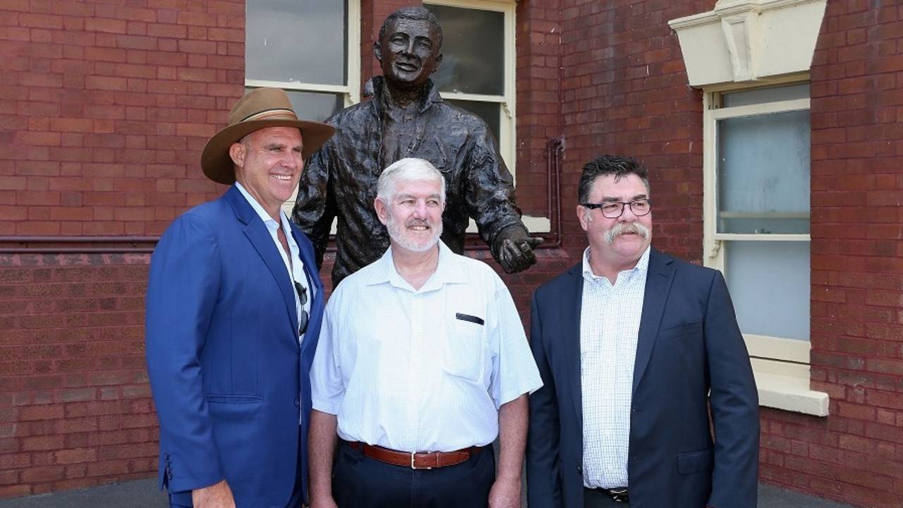 Matthew Hayden, Ken Wilson (nephew of Betty Wilson) and David Boon at the announcement of the 2017 Australian Cricket Hall of Fame inductees, Sydney, January 22, 2017