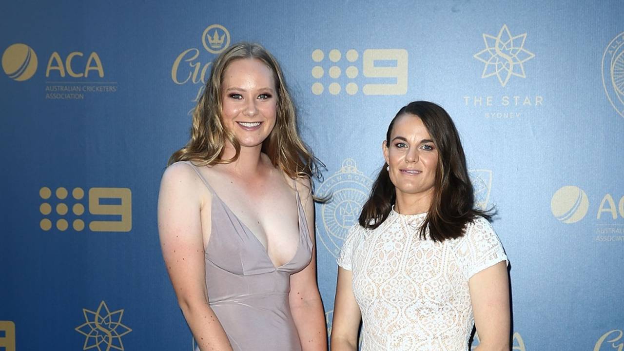 Lauren Cheatle and Erin Osborne arrive for the Allan Border awards night, Sydney, January 23, 2017