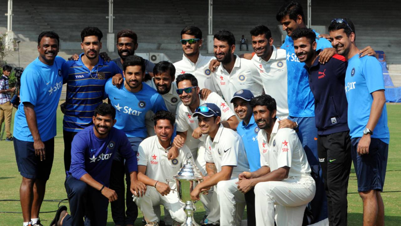 The Rest of India team poses with the Irani Trophy, Gujarat v Rest of India, 4th day, Irani Cup, January 23, 2017