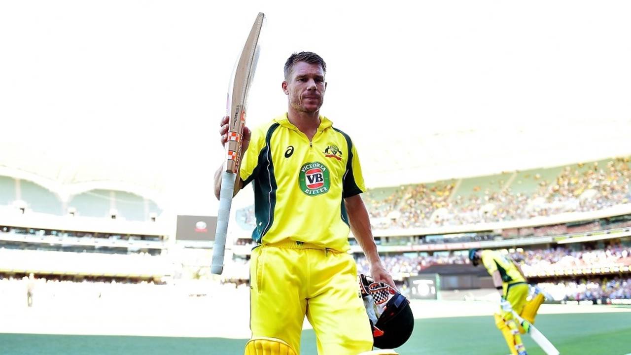 David Warner got a reprieve in the match's first ball; he fell in the 42nd over after scoring 179 runs off 128 deliveries&nbsp;&nbsp;&bull;&nbsp;&nbsp;Cricket Australia/Getty Images
