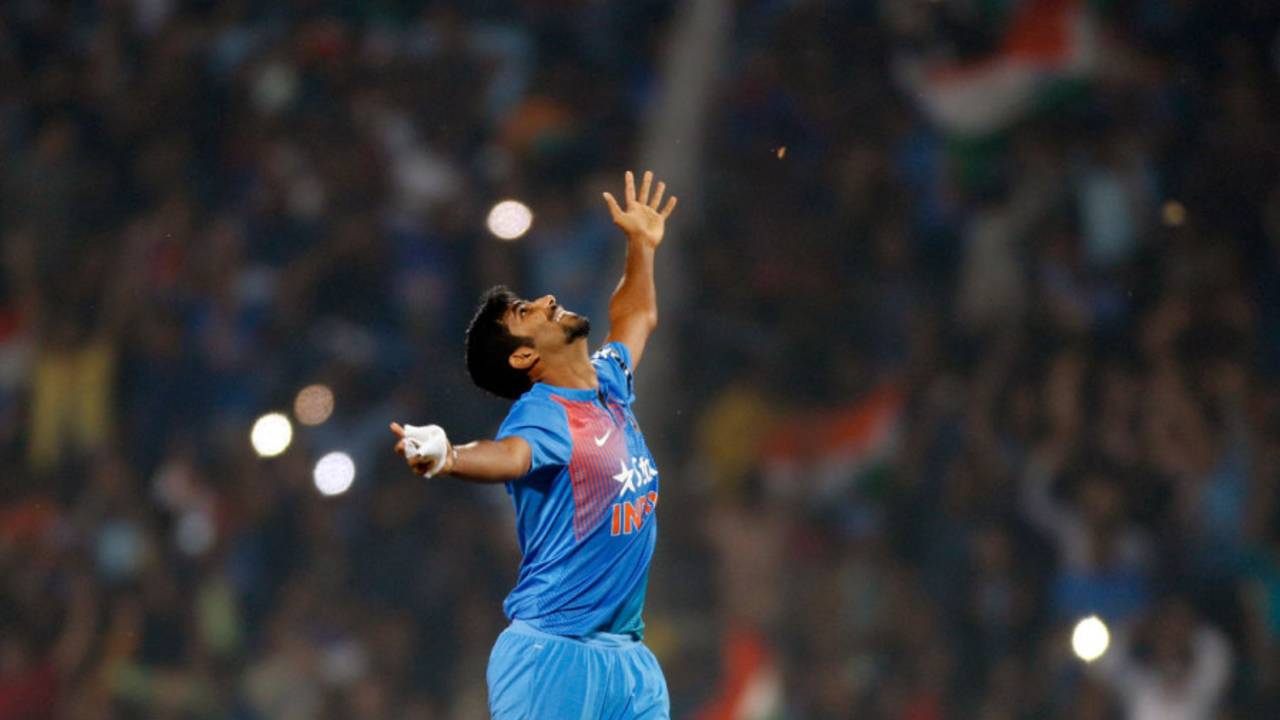 Jasprit Bumrah rejoices during his match-winning final over, India v England, 2nd T20, Nagpur, January 29, 2017