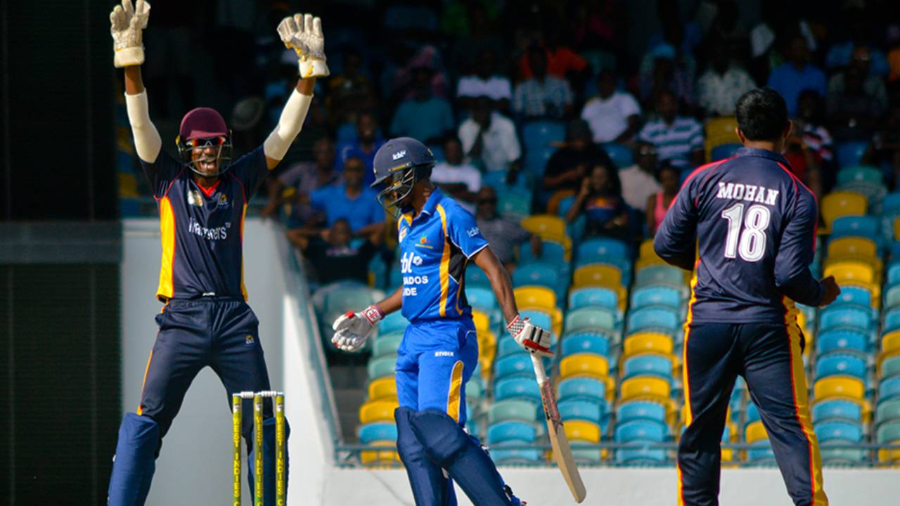 Vikash Mohan trapped Kraigg Brathwaite leg before for 44, Barbados v Combined Campuses and Colleges, WICB Regional Super 50 2016-17, Bridgetown, February 1, 2017