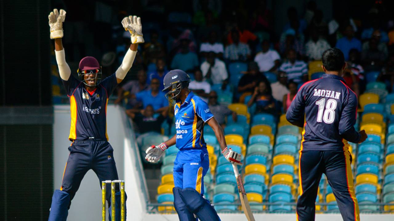 Vikash Mohan trapped Kraigg Brathwaite leg before for 44, Barbados v Combined Campuses and Colleges, WICB Regional Super 50 2016-17, Bridgetown, February 1, 2017