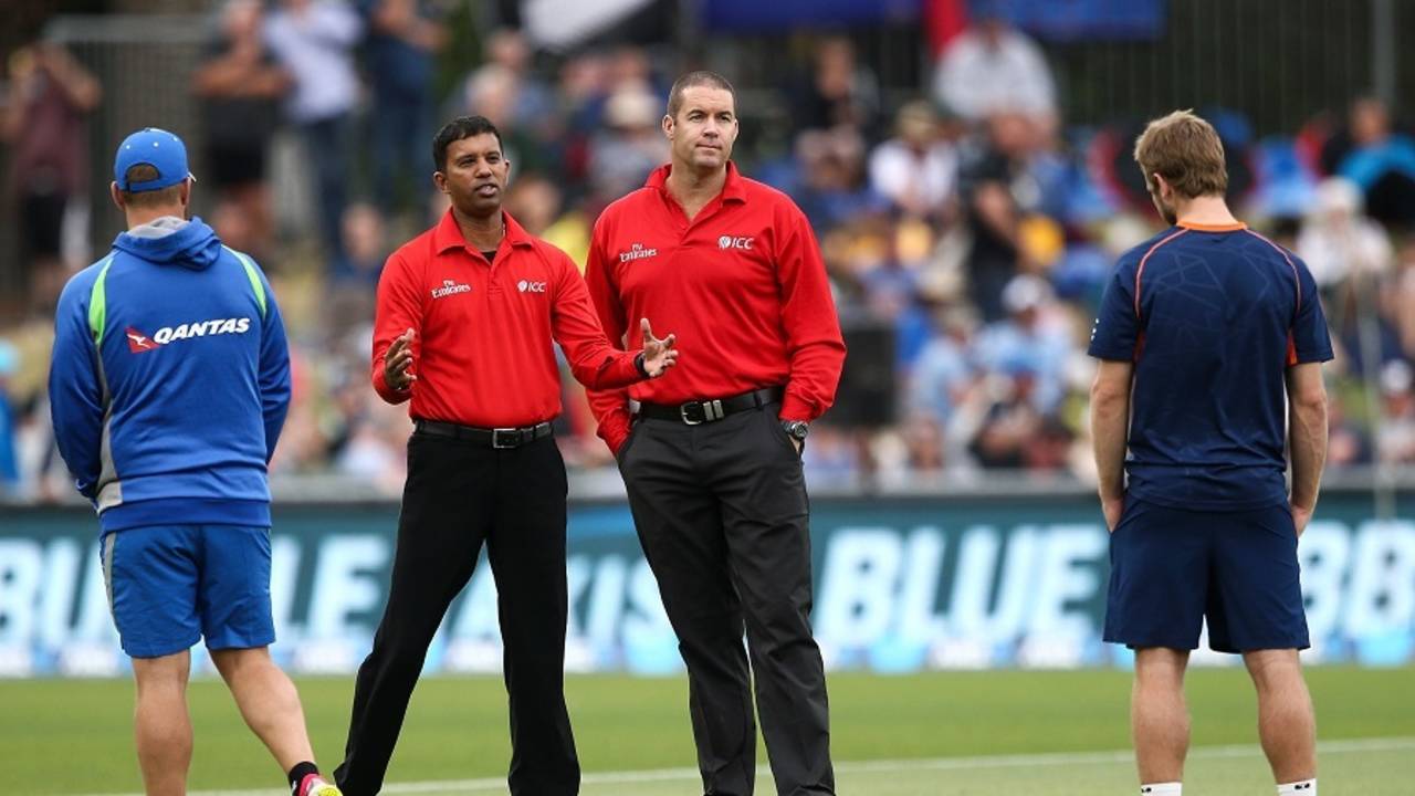 Umpires Kumar Dharmasena and Chris Brown speak to the two captains, New Zealand v Australia, 2nd ODI, Napier, February 2, 2017 