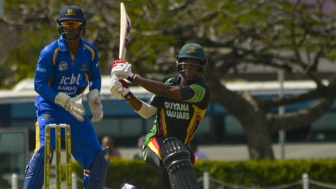 Leon Johnson swats the ball away, Barbados v Guyana, WICB Regional Super50, Bridgetown, February 5, 2017