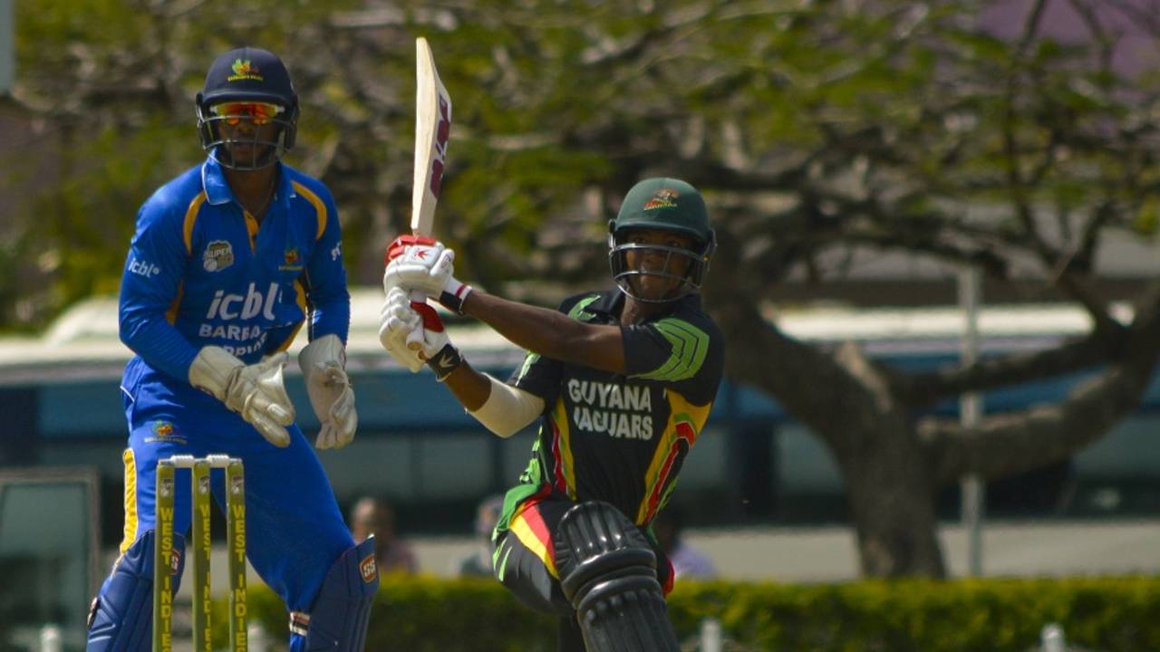 Leon Johnson swats the ball away, Barbados v Guyana, WICB Regional Super50, Bridgetown, February 5, 2017