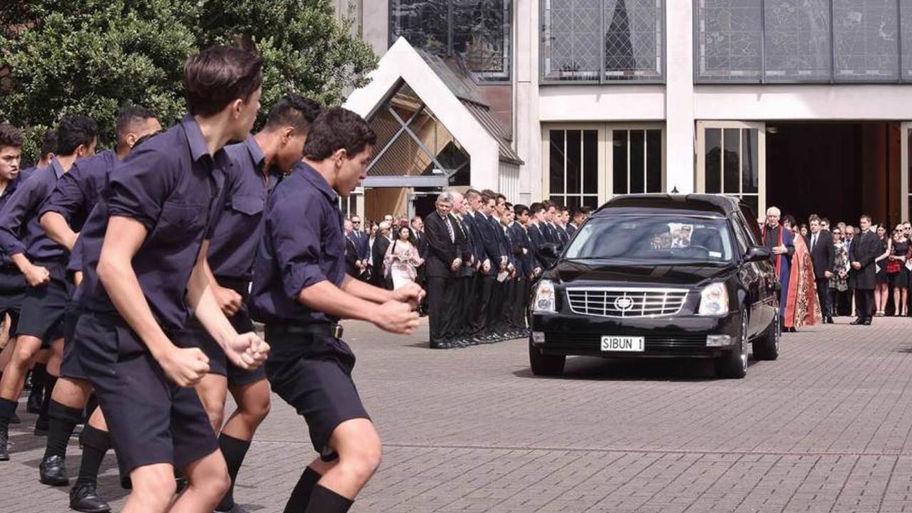Students of Auckland Grammar school perform the haka at Martin Crowe's funeral, Parnell, Auckland, March 11, 2016