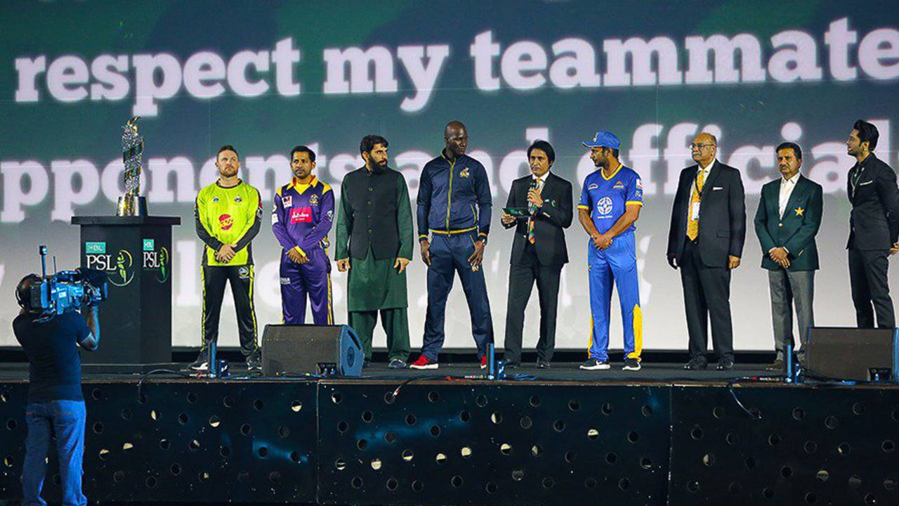 Team captains line the stage during the PSL opening ceremony, Islamabad United v Peshawar Zalmi, PSL 2017, Dubai, February 9, 2017