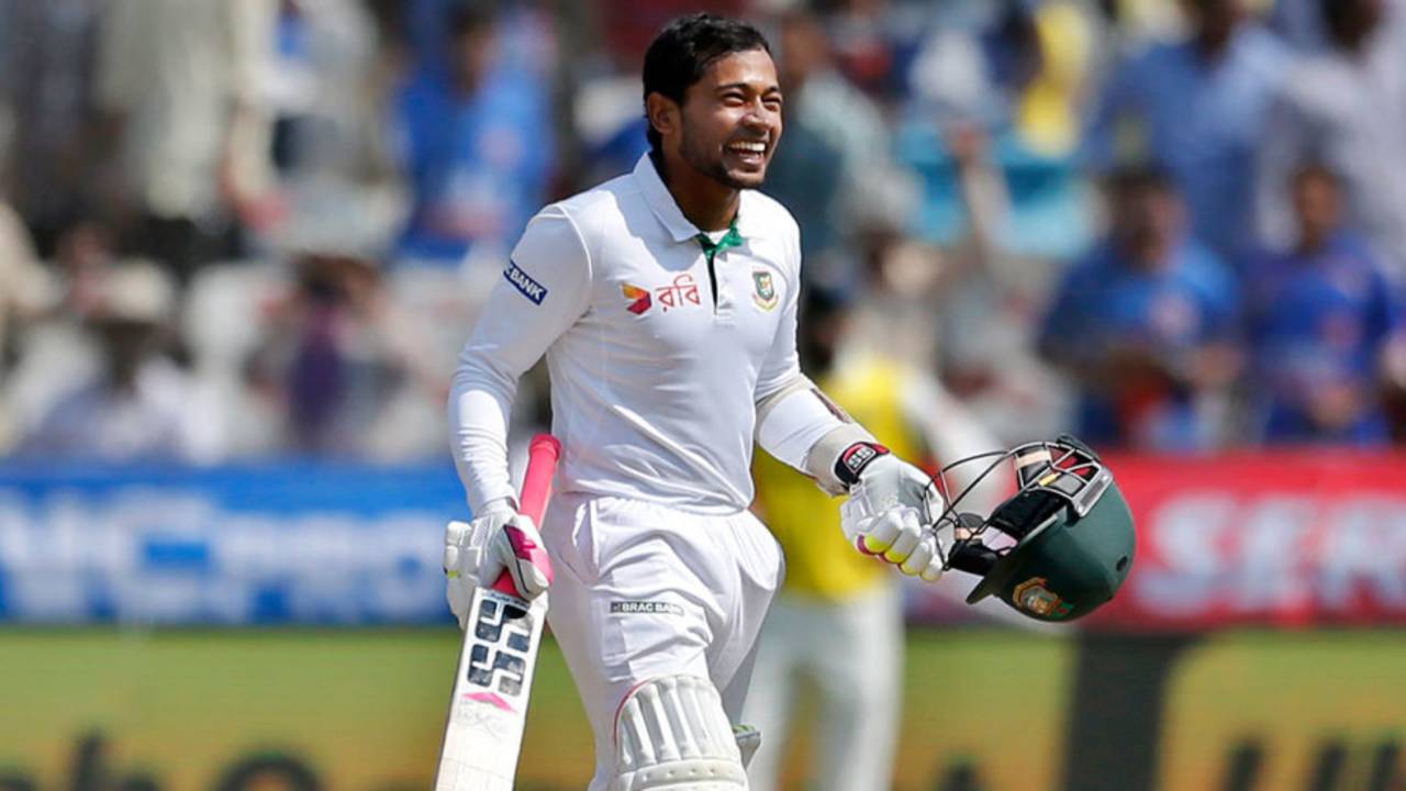 Mushfiqur Rahim grins after completing his hundred, India v Bangladesh, one-off Test, Hyderabad, 4th day, February 12, 2017