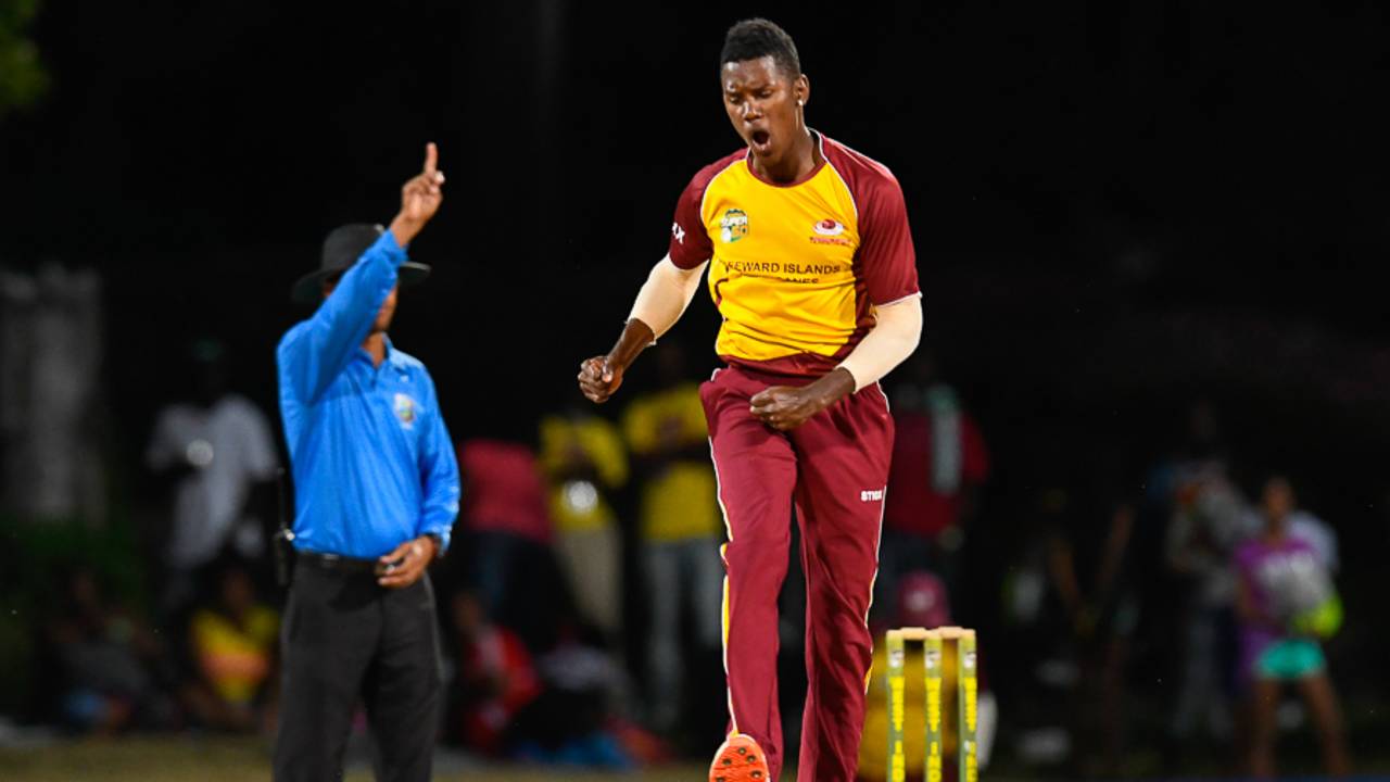 Akeal Hosein celebrates after dismissing Kjorn Ottley, Leeward Islands v Trinidad & Tobago, Regional Super50, Group A, Coolidge, February 12, 2017