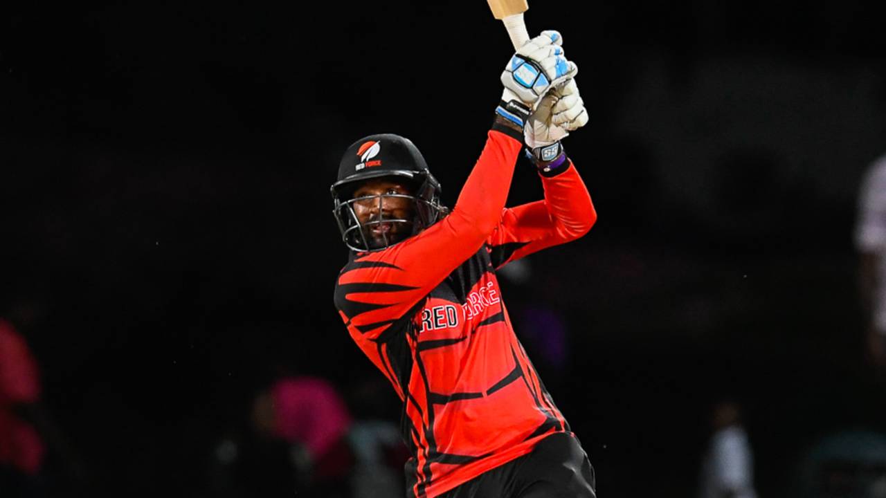 Imran Khan strikes a six during his unbeaten 38, Leeward Islands v Trinidad & Tobago, Regional Super50, Group A, Coolidge, February 12, 2017