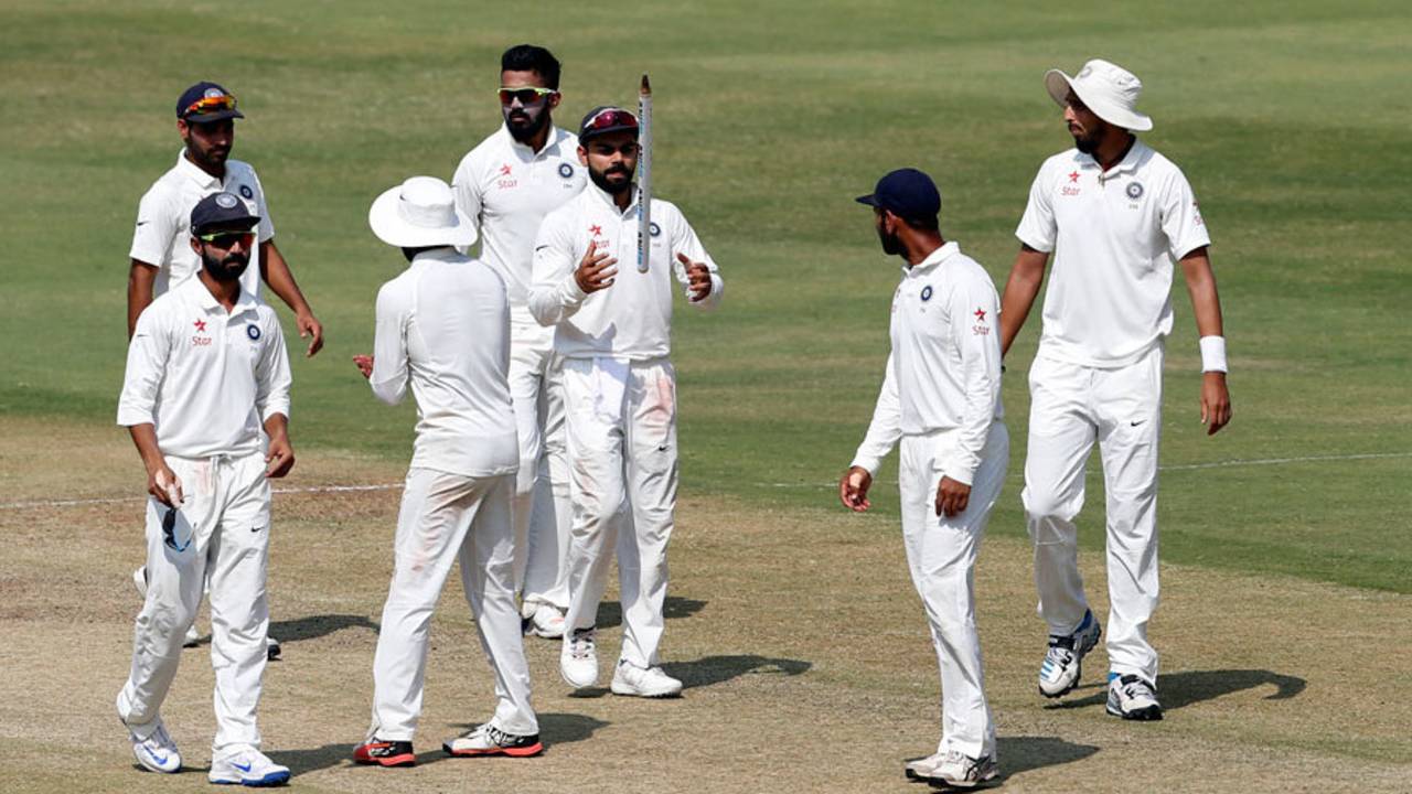 Virat Kohli reviewed for an lbw after an appeal for a catch was turned down by the third umpire once it was established that the ball's impact was pad first&nbsp;&nbsp;&bull;&nbsp;&nbsp;Associated Press