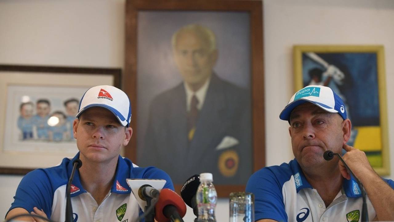 Steven Smith and Darren Lehmann address the media after arriving in India, Mumbai, February 14, 2017