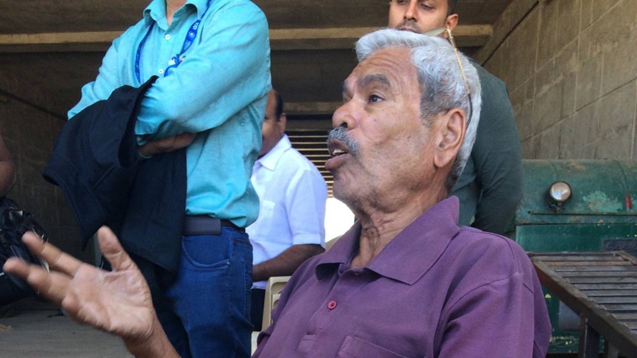 Pandurang Salgaoncar, the pitch curator at the Maharashtra cricket association stadium, speaks to reporters