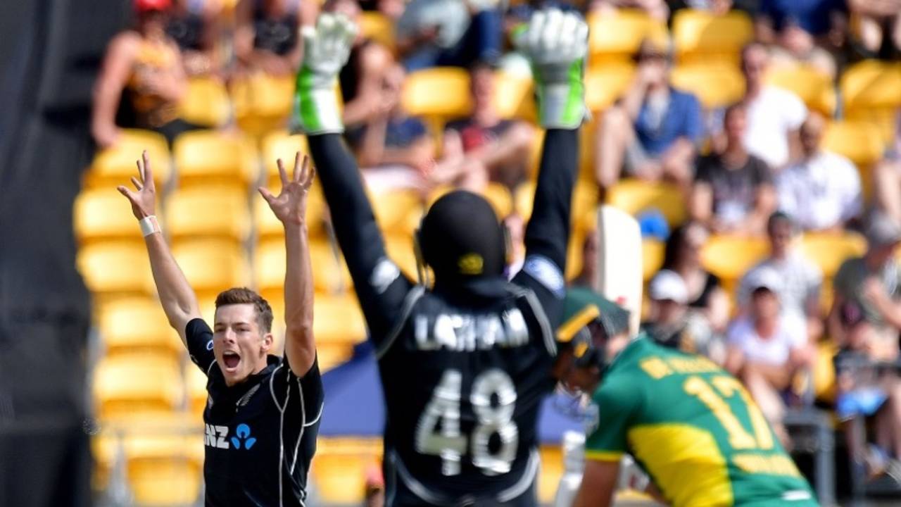 Mitchell Santner and Tom Latham appeal in unison, New Zealand v South Africa, 3rd ODI, Wellington, February 25, 2017