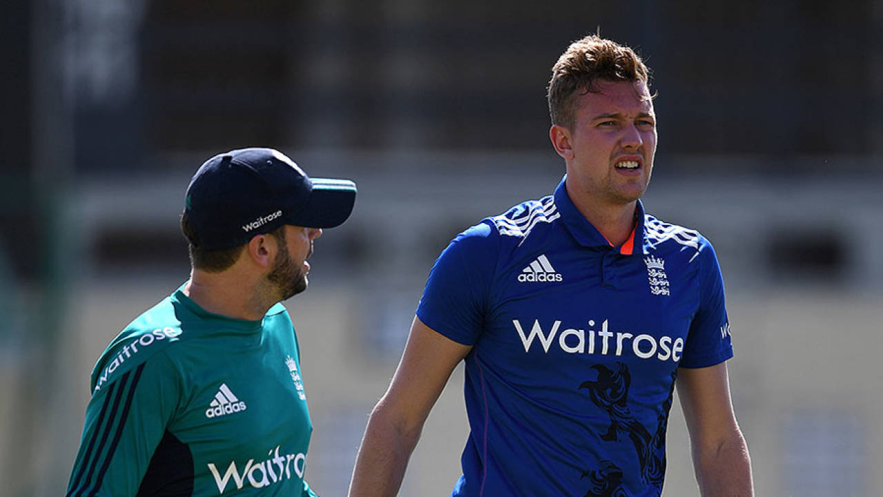 Jake Ball grimaces after suffering a knee injury during his bowling spell&nbsp;&nbsp;&bull;&nbsp;&nbsp;Getty Images