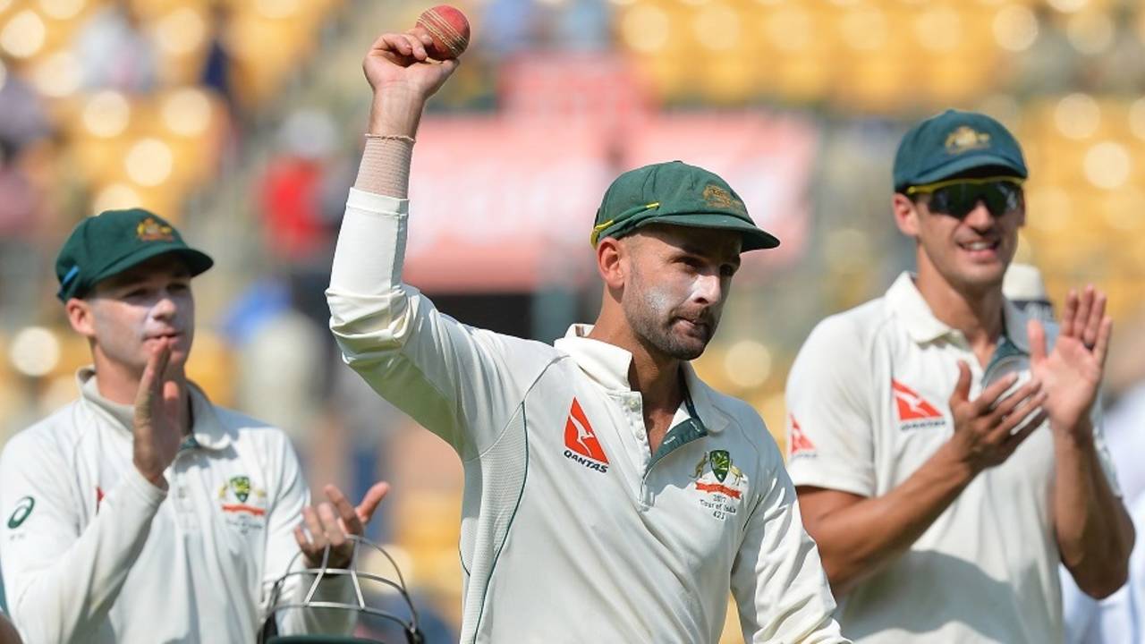 Nice Garry: Nathan Lyon holds the ball aloft up claiming 8 for 50, India v Australia, 2nd Test, 1st day, Bengaluru, March 4, 2017