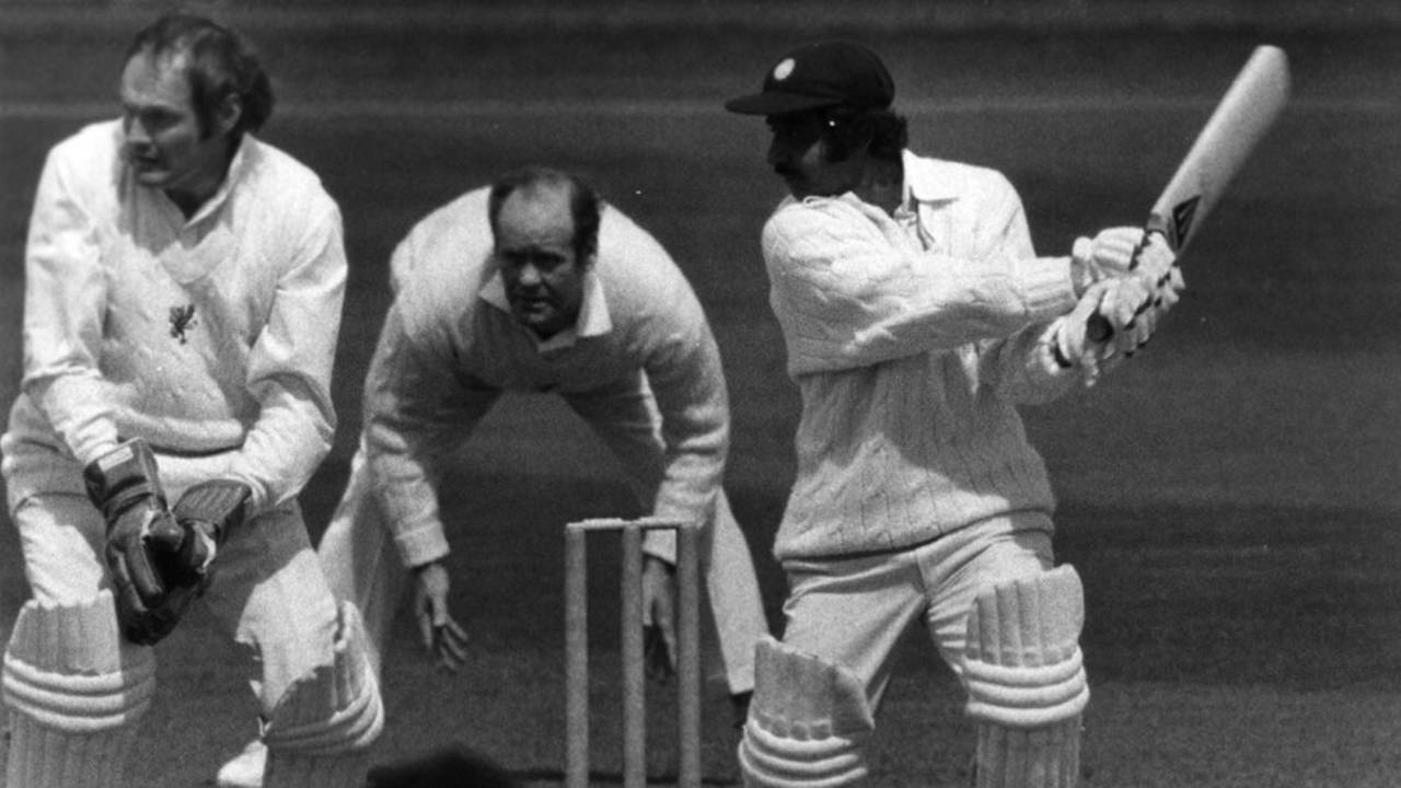 Gundappa Viswanath cuts watched by keeper Derek Taylor and slip fielder Brian Close, Somerset v Indians, Taunton, 3rd day, May 3, 1974