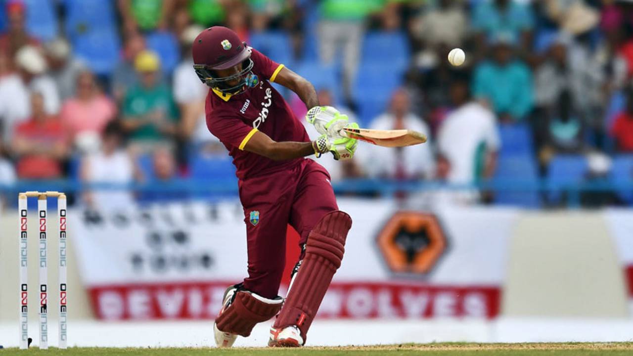 Kraigg Brathwaite lifts down the ground in a rare show of aggression, West Indies v England, 2nd ODI, Antigua, March 5, 2017