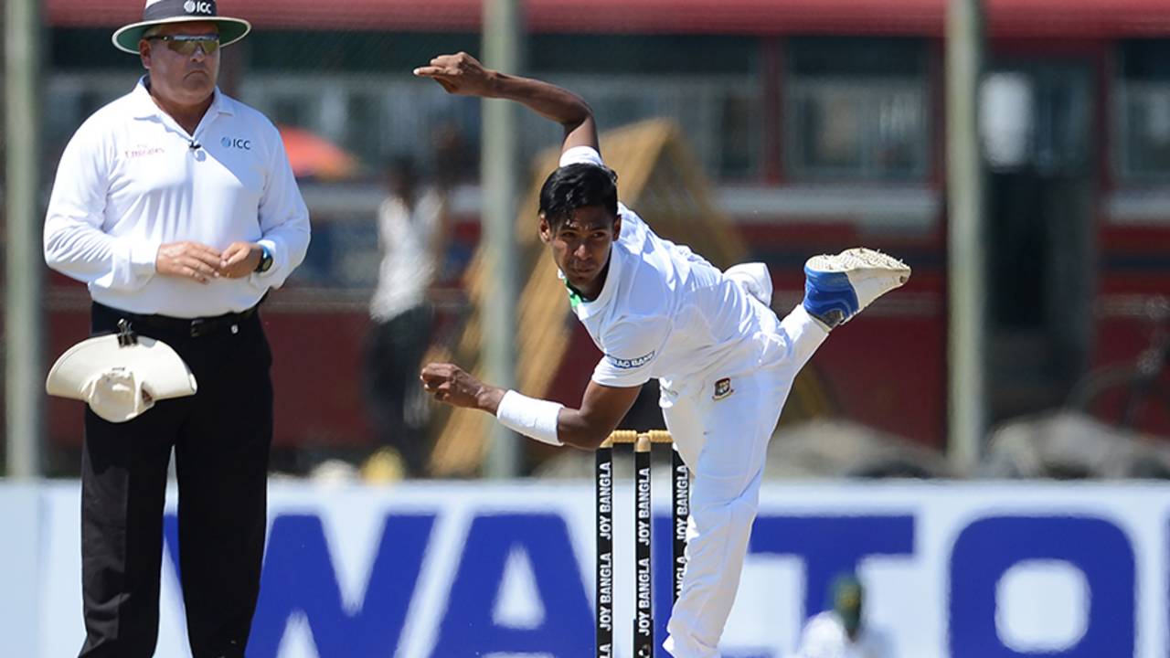 Mustafizur Rahman completes a delivery, Sri Lanka v Bangladesh, 1st Test, Galle, 1st day, March 7, 2017