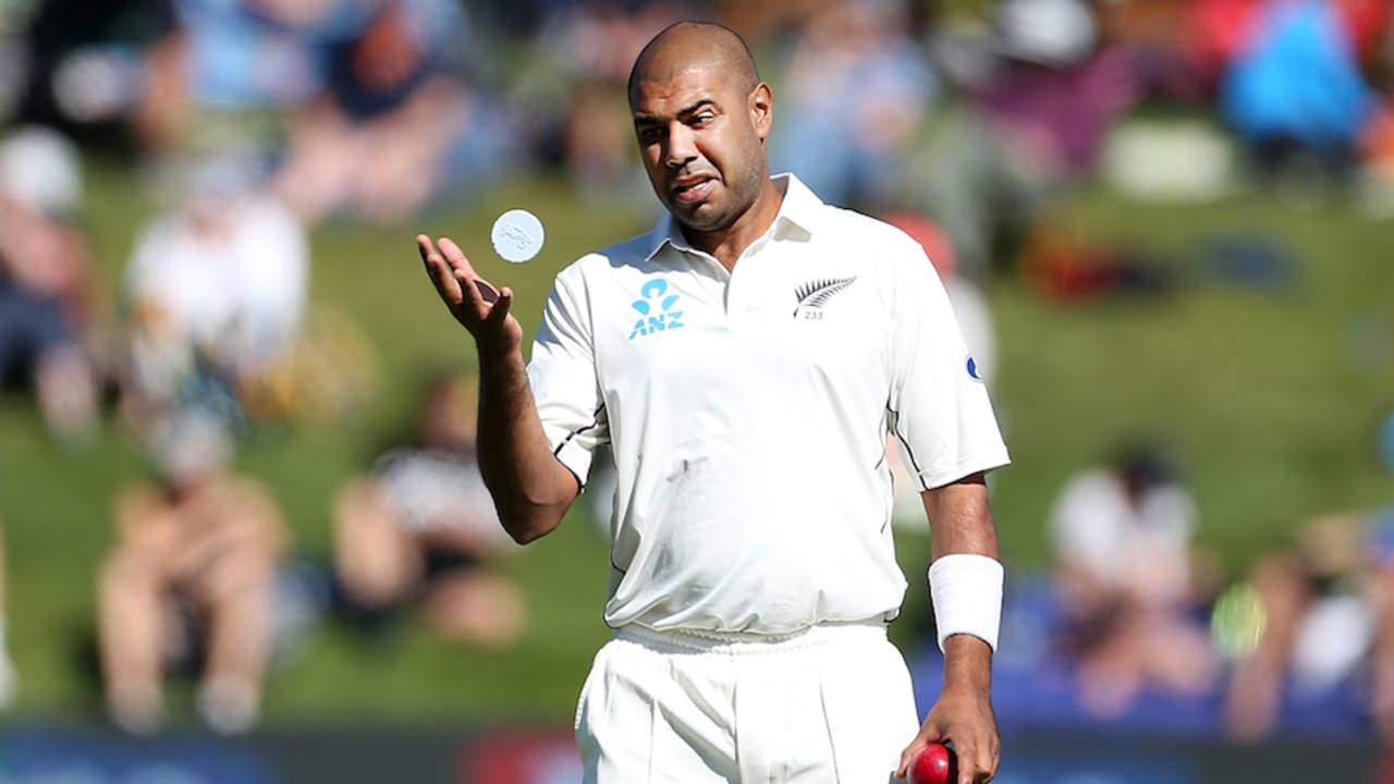 Jeetan Patel on his way to mark his run up, New Zealand v South Africa, 1st Test, Dunedin, 2nd day, March 9, 2017
